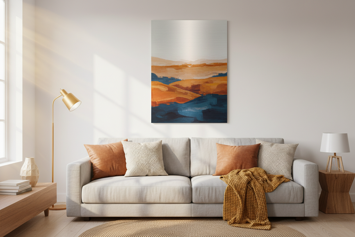 Est ce que tu peux me créer un mockup avec une impression sur une plaque alu dibond de 3mm en fond blanc. Si tu peux aussi mettre une ambiance chaleureuse. Au dessus d'un canapé ou d'un meuble.